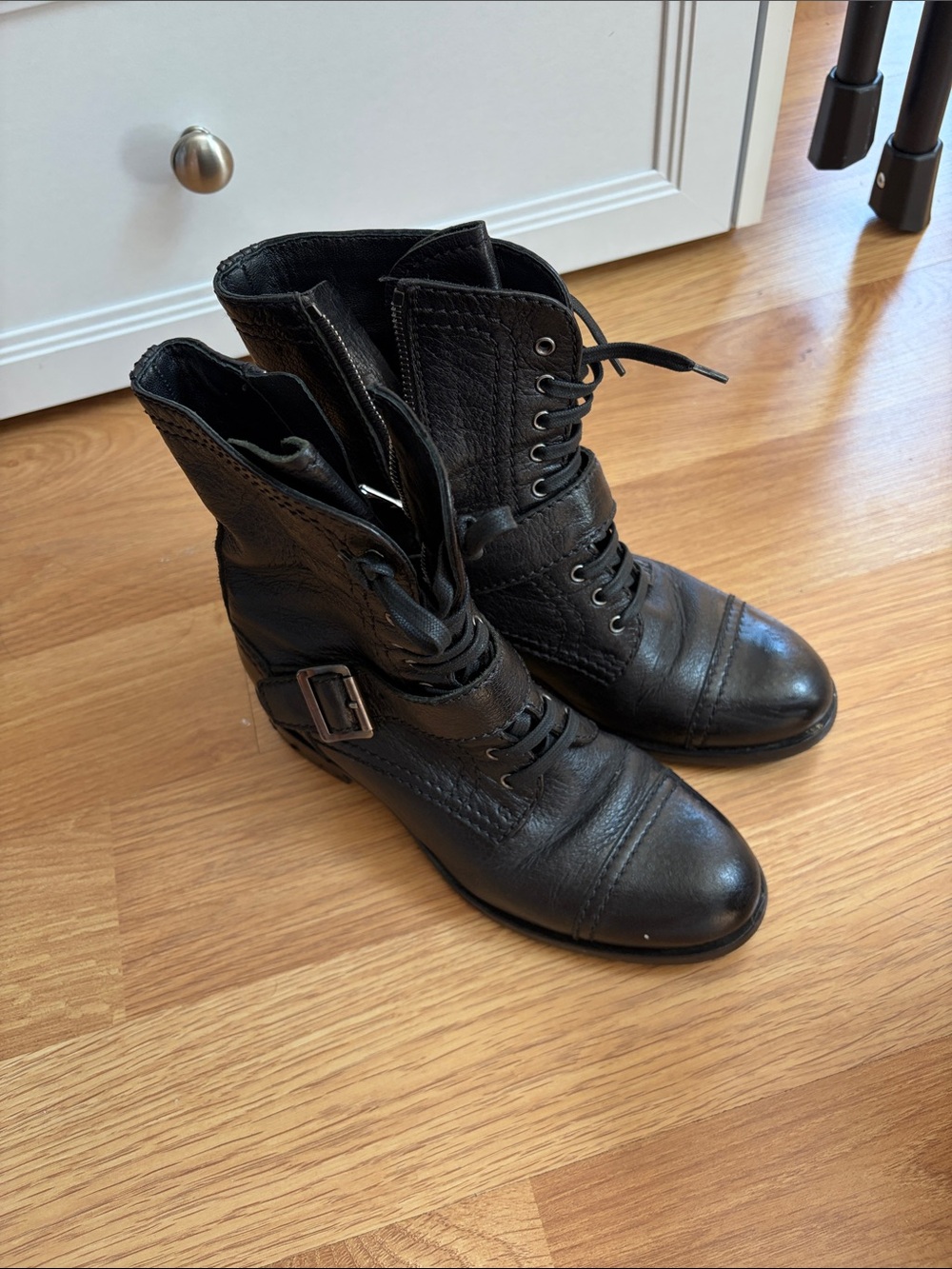 Prada Black Leather Lace-Up Ankle Combat Boots with Buckle
